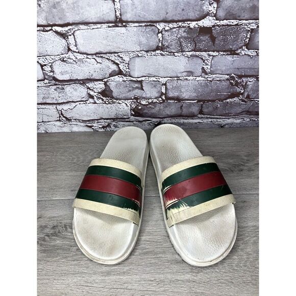 GUCCI Web White Rubber Logo Casual Slides Designer Sandals Men’s Sz 11M US/44EU - Picture 2 of 16